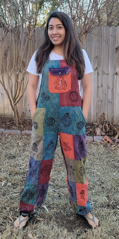 Namaste fashionable unisex multicolor stonewashed handmade hippie patchwork durable non acidic hippie cotton jumpsuit dungarees