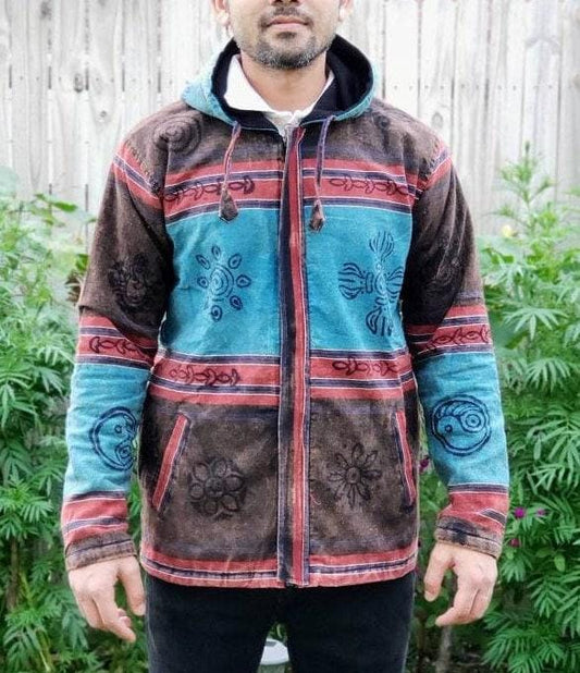 Namaste printed fashionable unisex multicolor fleece lined cotton hoodie handmade double layered jacket