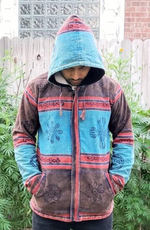 Namaste printed fashionable unisex multicolor fleece lined cotton hoodie handmade double layered jacket