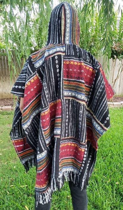 Namaste multicolor rectangular shaped aztec styled handmade beautifully hippie comfy one sized cozy poncho winter unisex cotton pullover.