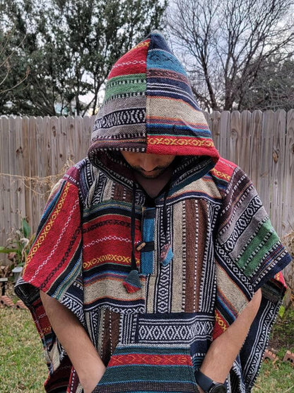 Namaste multicolor rectangular shaped aztec styled handmade beautifully hippie comfy one sized cozy poncho winter unisex cotton pullover.