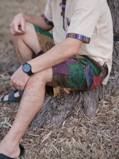 Nepalese unisex handmade colorful patchwork stonewashed prints on each patch light weight elastic waist cotton shorts