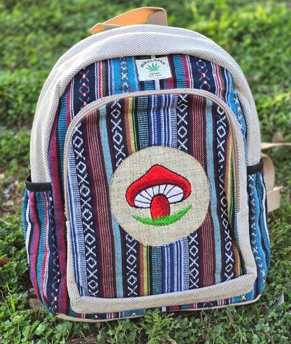 Namaste bohemian mushroom embroidery fashionable unisex multicolor natural gheri with handmade organic vegan eco-friendly backpack.