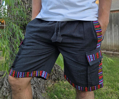 Bohemian handmade cotton unisex elastic cargo shorts
