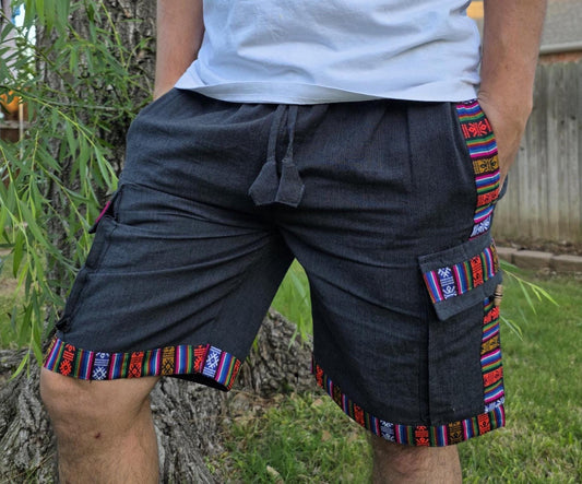 Bohemian handmade cotton unisex elastic cargo shorts