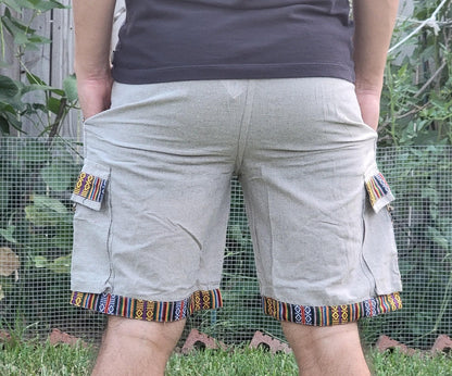 Bohemian handmade cotton unisex elastic cargo shorts