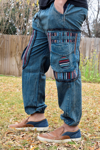 Namaste boho reggae unisex multicolor handmade hippie baby blue non acidic stonewashed dyed cotton harem pants yoga cargo trouser
