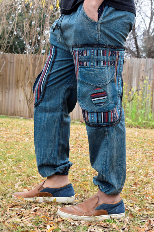 Namaste boho reggae unisex multicolor handmade hippie baby blue non acidic stonewashed dyed cotton harem pants yoga cargo trouser