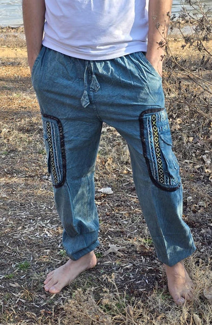 Namaste boho reggae unisex multicolor handmade hippie baby blue non acidic stonewashed dyed cotton harem pants yoga cargo trouser