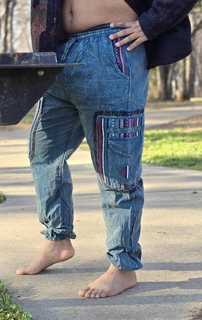 Namaste boho reggae unisex multicolor handmade hippie baby blue non acidic stonewashed dyed cotton harem pants yoga cargo trouser