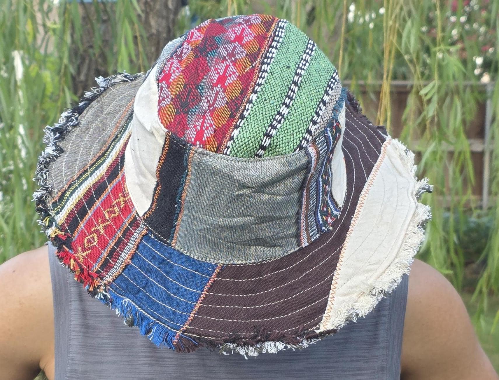 Namaste Fashionable Unisex Multicolor Handmade Flowers Hippie Durable Patchwork Eco-Friendly Organic Hemp Wire Rim Hat