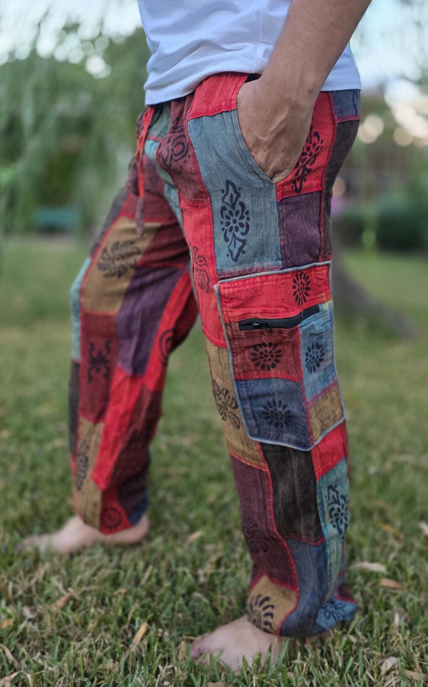 Namaste fashionable unisex multicolor handmade hippie patchwork non acidic dyed cotton boho comfy festival stonewashed yoga pants trouser