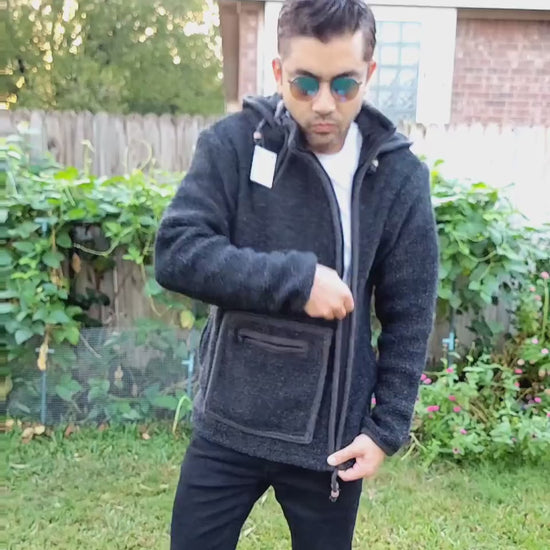 Namaste Handmade Kangaroo Pocket Fleece Lined Winter Unisex Thick Charcoal Natural Warm Pure Woolen Double Layered Jacket.