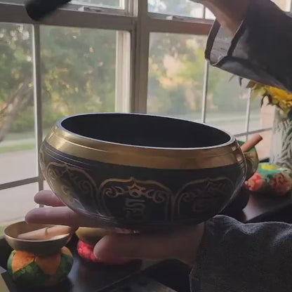 Namaste 7" Five Dhyani Buddha’s carved Etched Singing Bowl with Mallet
